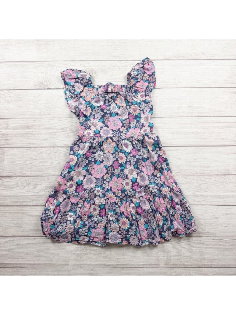Jumping Beans Girls Floral Print Dress Ruffled Sleeves Navy Pink 7